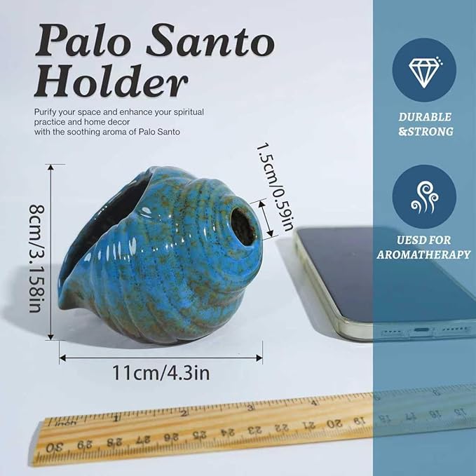 MOUGIGI Blue Conch Chiminea Palo Santo Burner - Ceramic Smudging Bowl、Incense Chimney,Works with Sage、Incense Cones,Energy Cleansing-Thoughtful Gifts for Meditation, Altar,Spa,Yoga, Aromatherapy