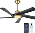52 Inch DC Ceiling Fan with Light, 5 Solid Wood Blades, Remote and APP Control, 3-color Dimmable, 6-speed Reversible, Noiseless Ceiling Fan for Bedroom, Living Room, Black Gold