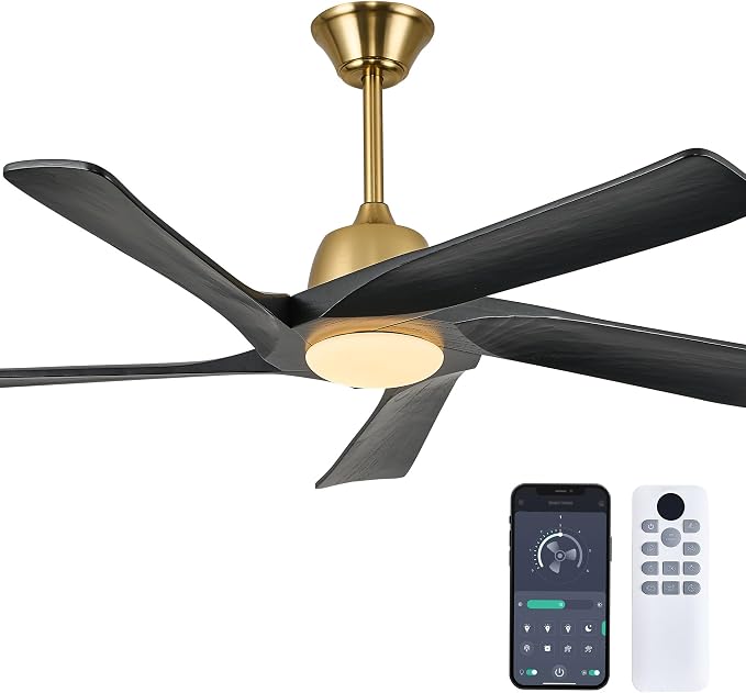 52 Inch DC Ceiling Fan with Light, 5 Solid Wood Blades, Remote and APP Control, 3-color Dimmable, 6-speed Reversible, Noiseless Ceiling Fan for Bedroom, Living Room, Black Gold