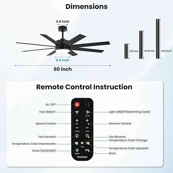 60 Inch Ceiling Fans with Lights and Remote, Dual Color 6 Blades, Bedroom Living Room Office Library Cafe Outdoor Industrial, 3CCT Dimmable, 6 Speed Reversible Quiet DC Motor, Black/Wood Grain