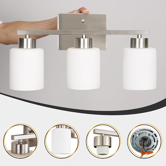 FonmYim Brushed Nickel Bathroom Light Fixtures, 3-Light Modern Vanity Light Over Mirror, Wall Sconces with Milky White Frosted Glass Shades, E26 Socket (Bulbs Not Included)