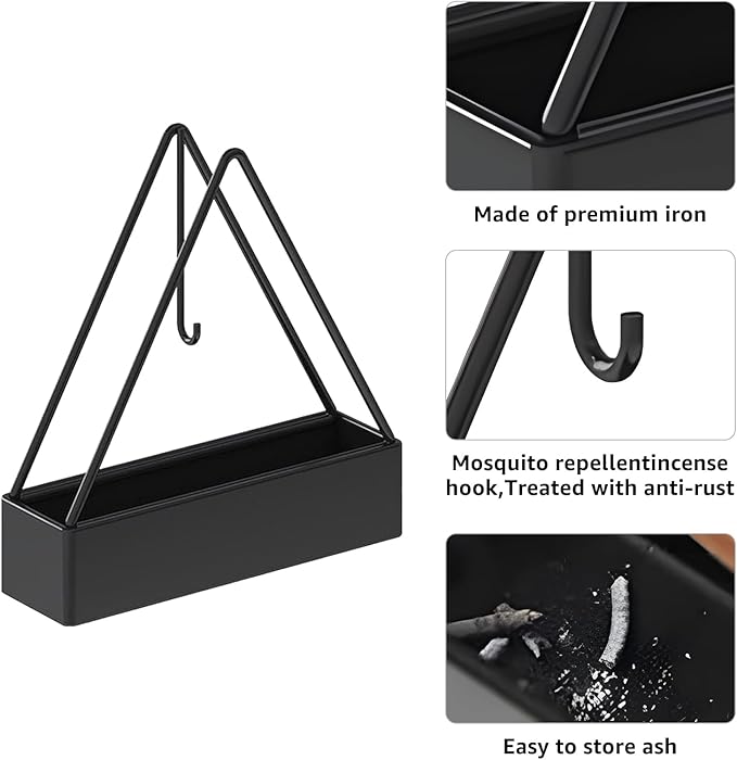 2 Pcs Black Iron Mosquito Coil Holder Full Metal Triangular Hanging Coil Tray Ash Catcher Fireproof Material Incense Holder Outdoor Home Garden Decor for Bar Courtyard Office Desktop (Black)