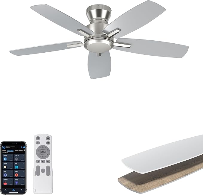 Ohniyou 42 Inch Ceiling Fan No Light, Low Profile Ceiling Fan with Remote and App Control, Flush Mount Ceiling Fan without Light for Bedroom Kitchen Covered Patios, Quiet DC Motor, Silver