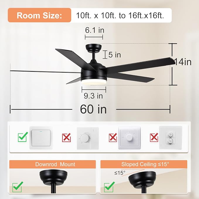 YUHAO 60 Inch Black Ceiling Fan with Light and Remote Control.Noiseless,Dimmable,3CCT,6 Speeds Reversible, DC Ceiling Fans for Indoor or Covered Outdoor Use.ETL Listed