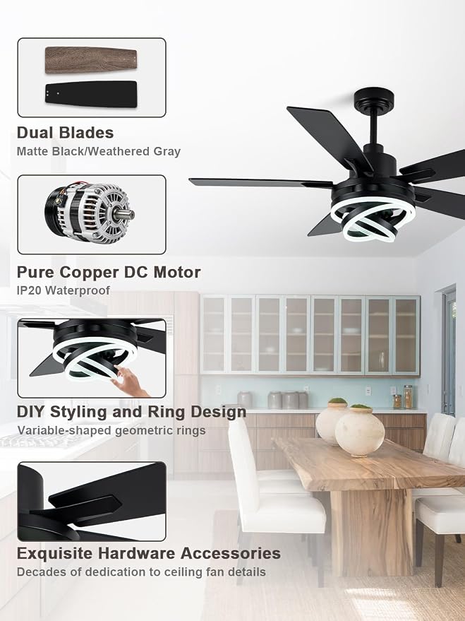 Bella Depot 52" Modern Black Ceiling Fan with Light and Remote, Chandelier Fan Light for Living Room Bedroom Office Indoor Patio
