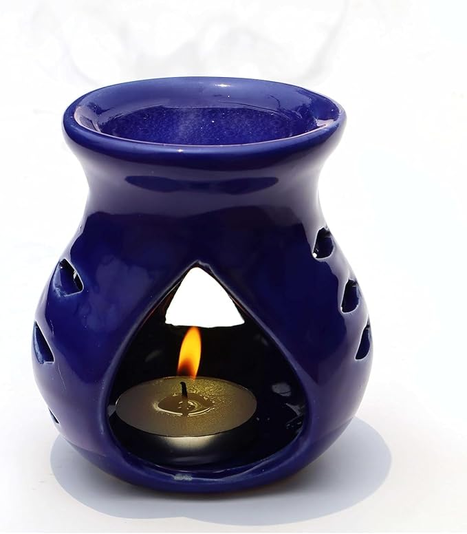 Pure Source India Ceramic Essential Oil Burner Wax Melt Burners |Aromatherapy| Ceramic Oil Diffuser| Candle Tealight Holder (Set of 1) Home Bedroom Decor Christmas Housewarming Gift, Blue