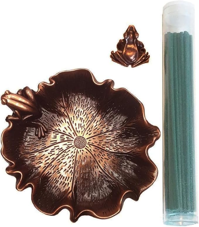 Bronze Copper Red Antique Style Lotus Flower Lily Pad Ash Catcher Incense Burner Holder Plate Zen Buddha Buddhist Meditation Decor w/Mini Lucky Frog & Sandalwood Scented Incense Sticks Gift Set