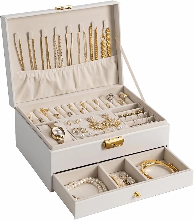 GUOER Jewelry Box for Women Girls, Two Layers Jewelry Organizer (White) | Vintage Quilting Stitching PU Leather, Earrings Bracelets Rings Necklace Watches Storage Large Jewellery Holder Case Gifts