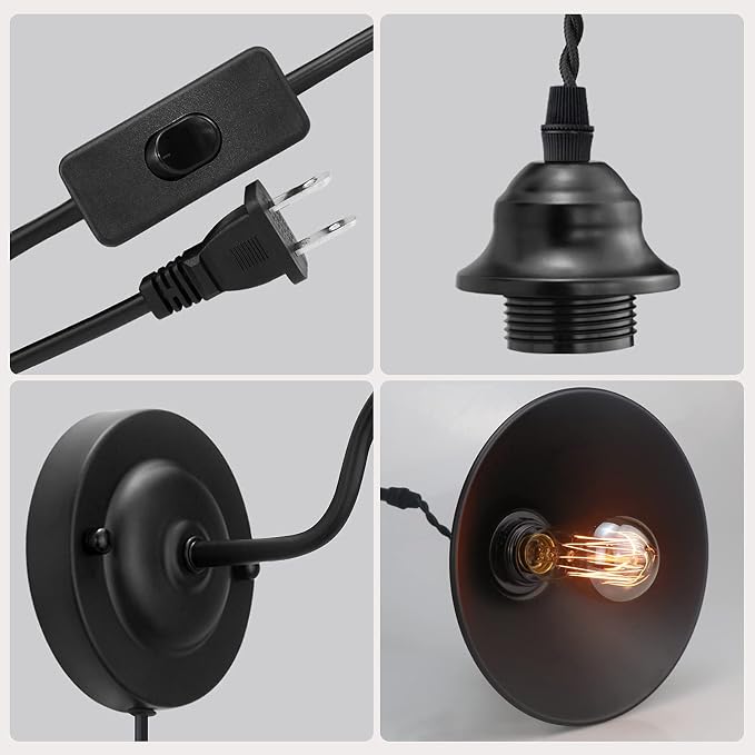 Plug in Wall Sconces, Vintage Plug in Wall Lamp Set of 2 with On/Off Switch, Metal Black Industrial Wall Mounted Light Fixture for Bedside Bedroom Indoor Doorway (Gooseneck Wall Lamp)