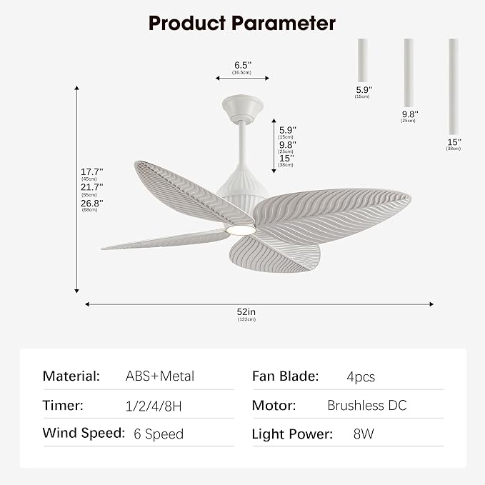 52" Tropical Ceiling Fans with Lights, Indoor Palm Leaf Ceiling Fan with Light and Remote for Living Room Bedroom, ABS Blades, Dimmable LED Lights, 6 Speeds, Adjustable Height-White