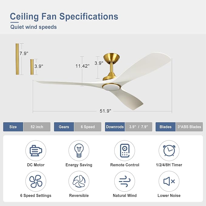 Modern Ceiling Fan with Light: White and Gold Ceiling Fans with Remote and Smart APP Control 3 Blades - 52 Inch Ceiling Fan for Indoor Living Room Bedroom