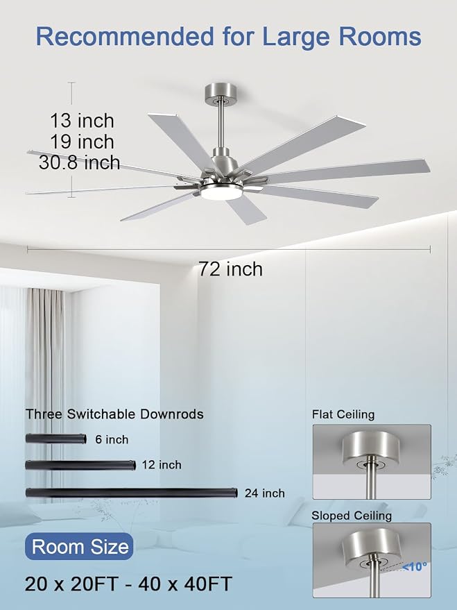 72 Inch Ceiling Fans with Lights and Remote, Pure Copper DC Motor Brushed Nickel Large Indoor/Outdoor Modern Industrial Ceiling Fan, Quiet, 6 Speed, 3CCT, for Patios Living Room Farmhouse Garage
