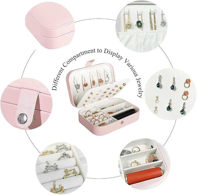 Hatori Travel Jewelry Box, PU Leather Small Jewelry Organizer for Women Girls, Double Layer Portable Mini Travel Case Display Storage Holder Boxes for Stud Earrings, Rings (Pink)
