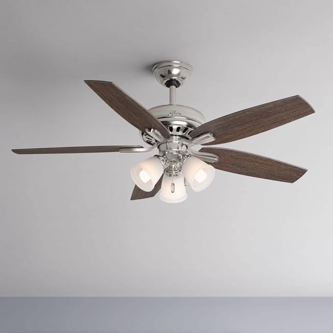 Hunter 52 inch Indoor Ceiling Fan with LED Lights - Ceiling Fan with Pull Chain, For Bedroom or Living Room, Standard Mount, No Remote, 5 Blades, Includes Bulbs - Newsome 53318, Brushed Nickel | with LED Lights, Standard Mount, 5 Blades, For Bedroom, L...