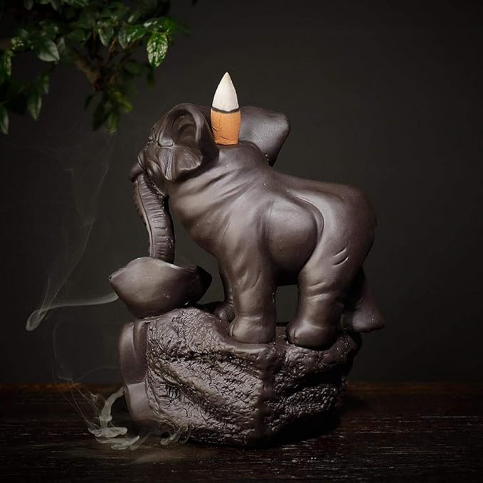 Backflow Incense Holder Burner Handmade Ceramic Incense Cones Sticks Holder Home Decor Waterfall Backflow Incense Burner Censer + 10 Backflow Incense Cones Gift (Elephant)