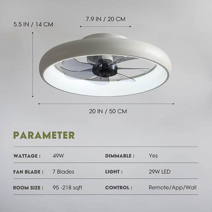 LUDOMIDE Ceiling Fans with Lights and Remote, 20'' Low Profile Flush Mount, 6 Wind Speeds, Modern Dimmable LED Ceiling Fan, Smart Ceiling Fan for Bedroom, Kids Room (White)