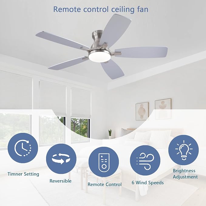 NKPU 46" Ceiling Fans with Lights, Low Profile Ceiling Fan with Light and Remote/APP Control, DC Reversible Motor, 3CCT, Noiseless, Flush Mount Ceiling Fan for Bedroom Indoor/Outdoor Use, Nickel