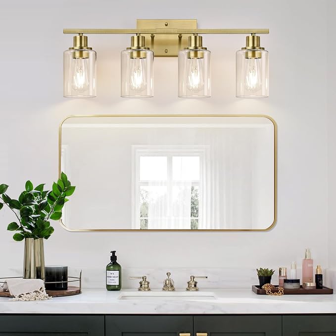 Indoi 4-Light Bathroom Light Fixtures, Brass Modern Vanity Lights with Clear Glass Shades, Bathroom Wall Lamp for Mirror Living Room Cabinet Bedroom Porch