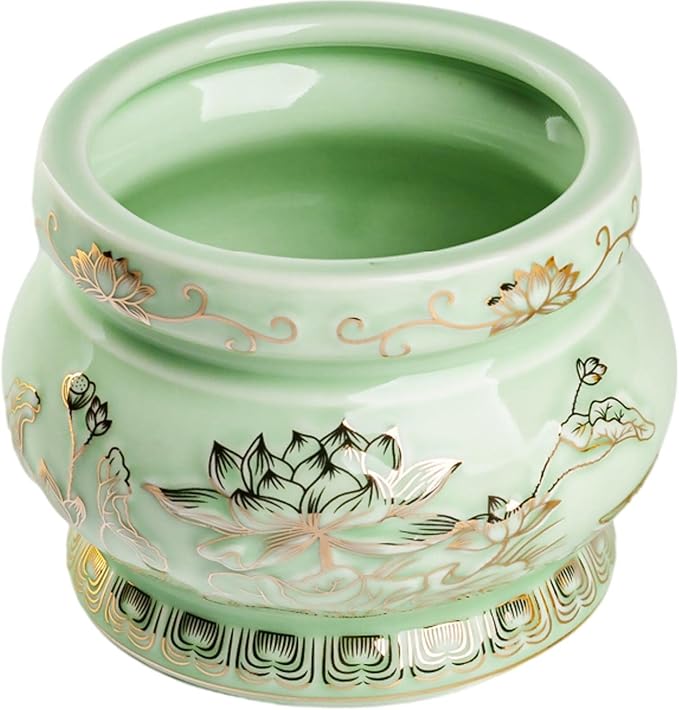 Houlu Small Green Ceramic Incense Burner Pot for Praying Buddha, Tibetan Buddhist Altar Worship Incense Censer - 4 Inches