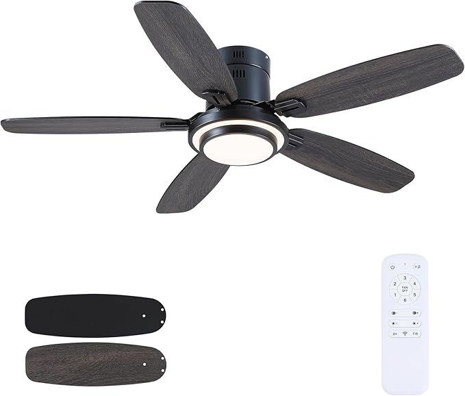 Hounberi 50 Inch Black Ceiling Fans with Lights and Remote, Modern Flush Mount Low Profile Ceiling Fan, 3CCT, Dimmable, Quiet DC Reversible Motor, for Bedroom Living Room Indoor/Outdoor Use