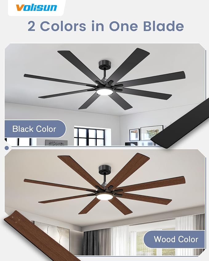 VOLISUN Large Ceiling Fans with Lights, 72 inch Ceiling Fan with Light and Remote, Indoor/Outdoor Black Ceiling Fans for Patio, Living Room, 6 Speed Reversible Quiet, 3 CCT, Dual Finish 8 Blades