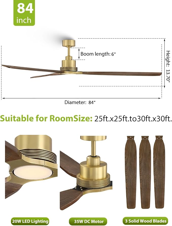 84 Inch Wood Ceiling Fan with Lights, Gold Ceiling Fan with Remote Control, Farmhouse Large Ceiling Fan for Living Room Dining Room Commercial, Quiet DC Motor Dimmable LED Reversible
