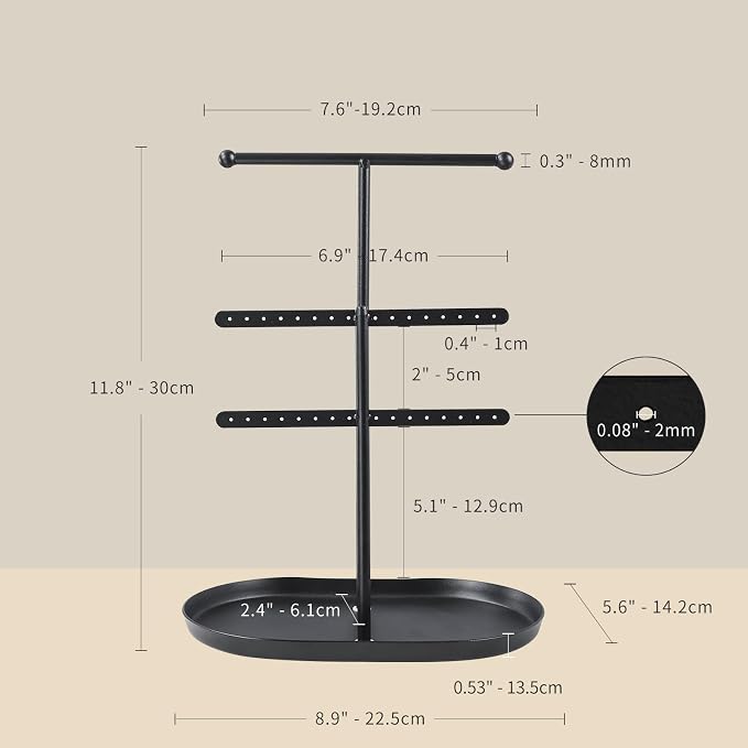 Saydear 3-Tier Jewelry Organizer Stand, Earring Holder Necklace Tree | Black Metal Earring Rails With Top Necklace Bar, Oval Tray Base, Ideal Vanity Dresser Decor, Gift For Her