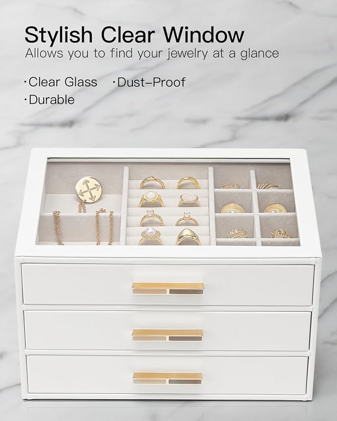 VLANDO Jewelry Box for Women, Glass Lid Jewelry Organizer with 3 Drawers for Necklaces Rings Earrings Bracelets Christmas Gift - White