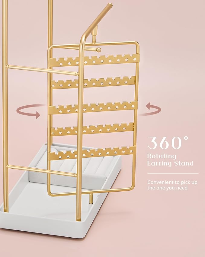ProCase Jewelry Stand Holder Organizer and Storage, Gold (No-Assembly) | Rotating Earring Bracelet Holder Storage, Hanging Jewelry Display Velvet Ring Tray, Teen Girls Birthday Gifts Room Dorm Decor