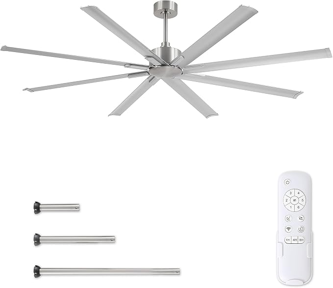 ZMISHIBO 84 Inch Industrial DC Motor Ceiling Fan, Large Ceiling Fan with 8 Reversible Blades, 3 Downrods, 6-Speed Remote Control, Home or Commercial Ceiling Fans for Porch/Garage/Shop, Nickel