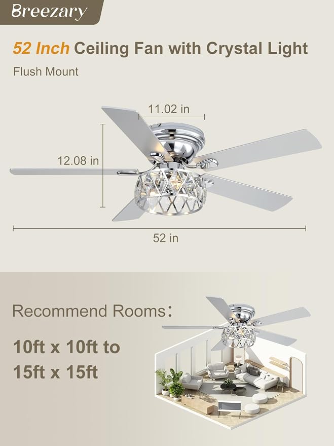 52 Inch Flush Mount Ceiling Fans with Lights and Remote, 5-Blade, 6-Speed Reversible DC Motor, Modern Low Profile Ceiling Fan Crystal Fandeliers for Bedroom Living Room Kitchen (Chrome)