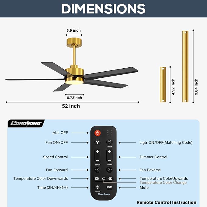 Conciseer 52 Inch Ceiling Fans with Lights and Remote for Bedroom Living Room Kitchen Office, Indoor/Outdoor Use, 3CCT Dimmable, 5 Blades 6 Speed Reversible Quiet DC Motor, Gold/Black