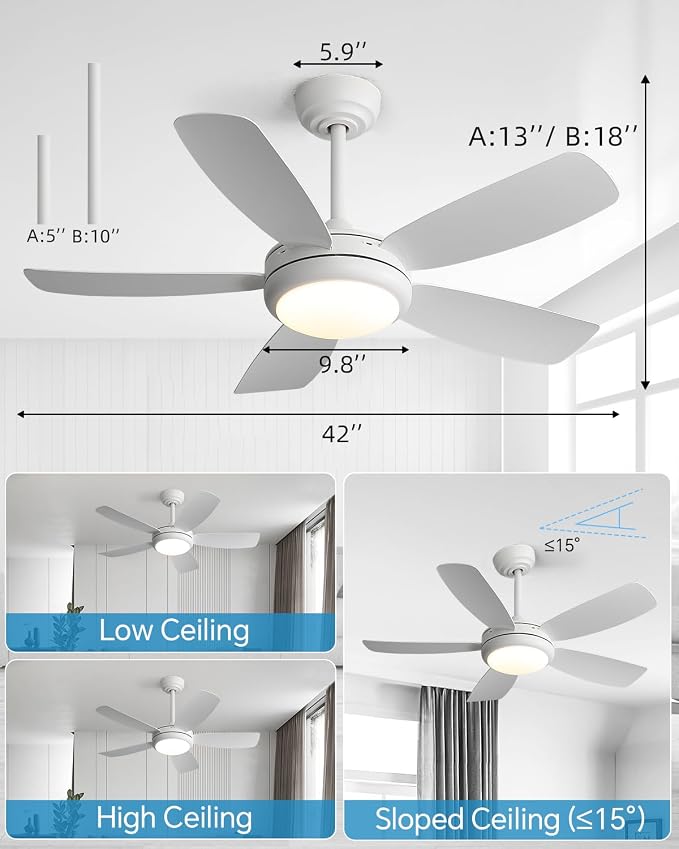 Sofucor 42 Inch Ceiling Fans with Lights-Modern White Small Bedroom Ceiling Fan with Remote Control,Plug-in Blades Quick Install,Quiet DC Motor,Outdoor 5 ABS Blades Ceiling Fan for Kitchen/Living Room
