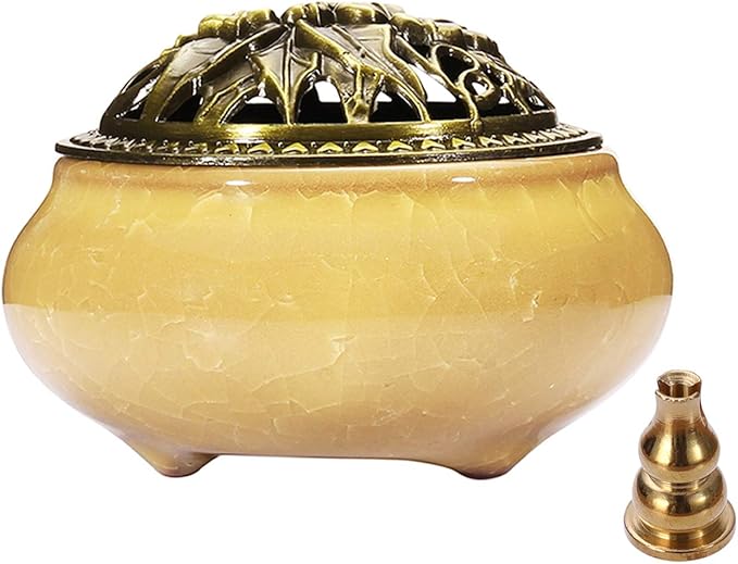 Miupoo Incense Burner and Cone Incense Holder with Brass Incense Stick Holder Ceramic Ash Catcher,Yellow