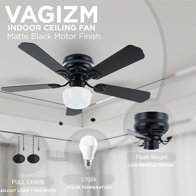 42 Inch Ceiling Fan Traditional: Flush Mount Indoor LED Ceiling Fans with Light - Pull Chain - Dual Finish Blades - Reversible Motor（Matte Black）