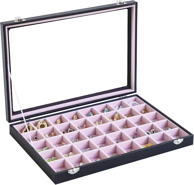 Stratalife 40 Grid Earring Organizer, Jewelry Holder Organizer with Lid | PU Leather Storage Box for Earring, Ring, Studs and Trinkets, Soft Velvet Drawer Organizer for Women, Dustproof, Pink Black