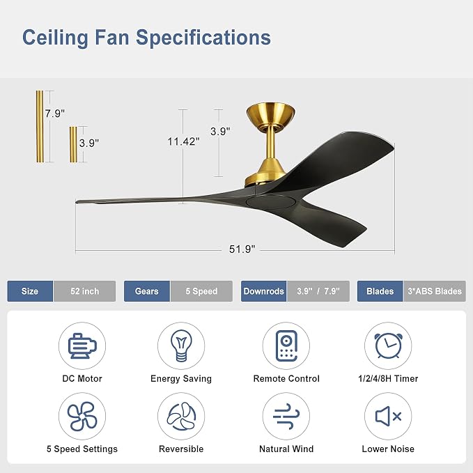 Modern Ceiling Fan with Remote: Black and Gold Ceiling Fans 3 Blades - 52 Inch Ceiling Fan No Light for Covered Outdoor Living Room Bedroom
