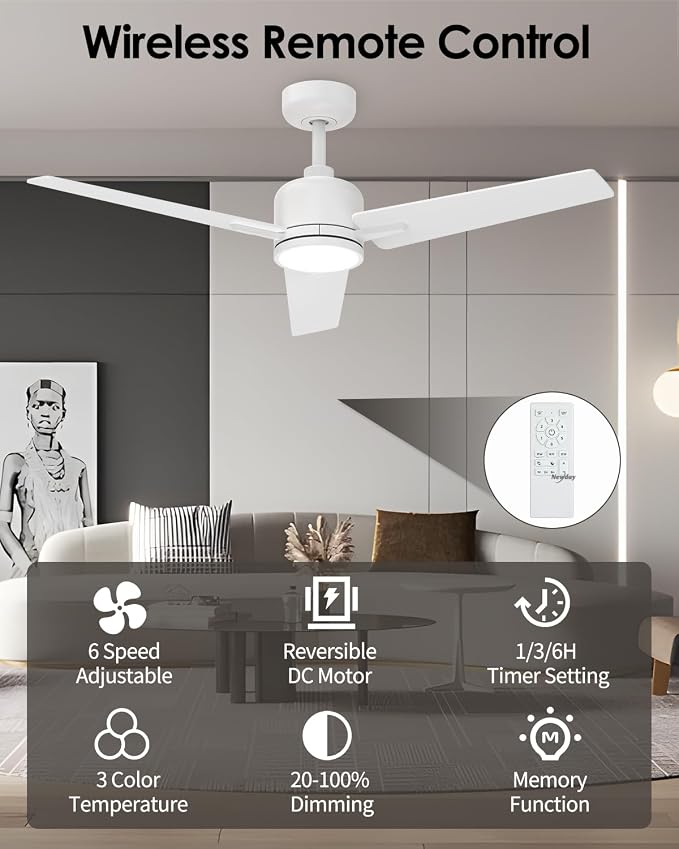 52 Inch White Ceiling Fan with Lights and Remote, Modern DC Motor Ceiling Fan with 3 Reversible White/Natural Wood Blades, 3CCT Dimmable LED, 6 Speeds, Quiet Fan for Nursery, Bedroom, Patio