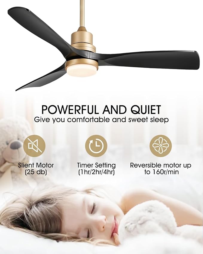 52" Modern Black and Gold Ceiling Fan with Lights and Remote, ETL Listed, 3 Downrods, 3 Wood Blade Gold Black Ceiling Fans, Reversible Quiet DC Motor, 3 Timer for Outdoor Patio Bedroom,52in,Black Gold