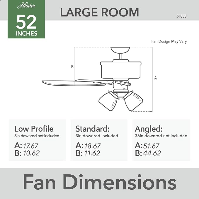 Hunter 52 inch Crestfield Brushed Nickel Ceiling Fan with LED Light Kit and Handheld Remote | with LED Lights and Remote Control, Standard Mount, For Bedroom, Living Room, Kitchen, 3 inch Downrod, 51858