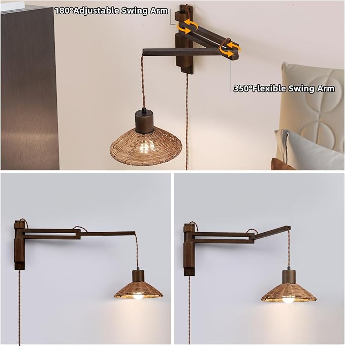 Wood Plug in Wall Sconces, Swing Arm Wall Lamp with Dimmable On Off Switch, Vintage Wall Mounted Light Fixture with Cord for Bedroom Nightstand Bedside Reading Lamp - Bulb Included