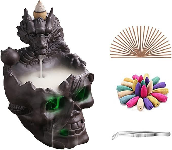 Dragon Waterfall Incense Holder - Ceramic Backflow Burner with Skull Head, Zen Meditation Decor for Home, Bedroom, Yoga Studio - Unique Dragon Statue Gift for Aromatherapy & Relaxation