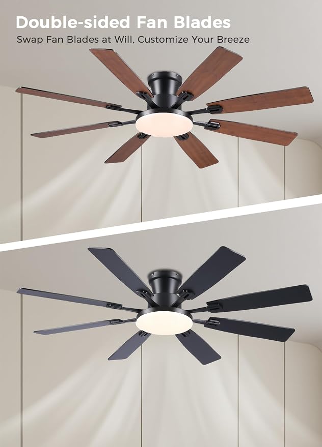 JSAITEE 60Inch Ceiling Fan with Lights, Large Low Profile Flush Mount,Brown | Ceiling Fans,DC Reversible Motor Noiseless, 3CCT Dimmable, Dual Finish, 6 Speeds Ceiling Fan for Indoor/Outdoor