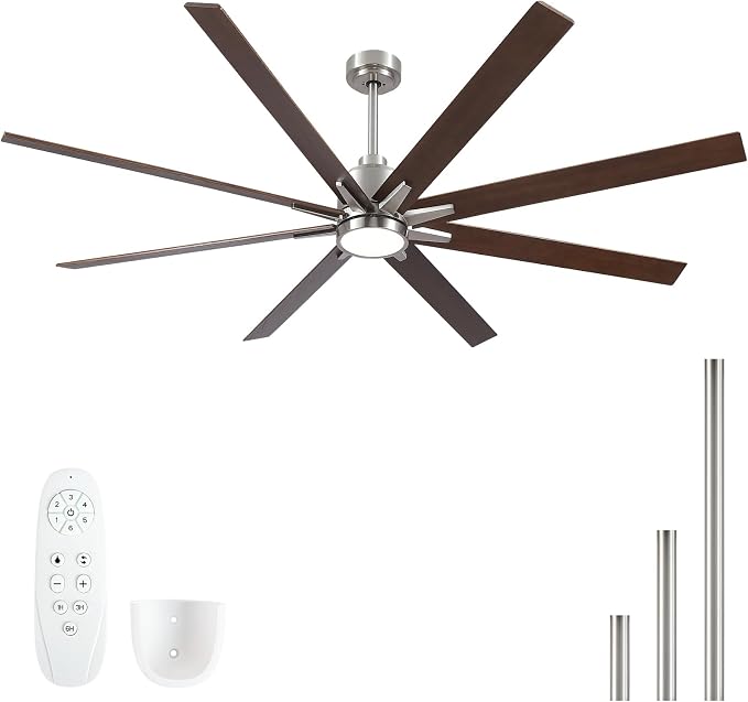 Rayqueen 72 Inch Brushed Nickel Ceiling Fans with Lights and Remote,Downrod | Walnut Blades,6 Speed Reversible DC motor,3-color temperature dimmable LED, 5.9/11.8/23.6 inch downrod