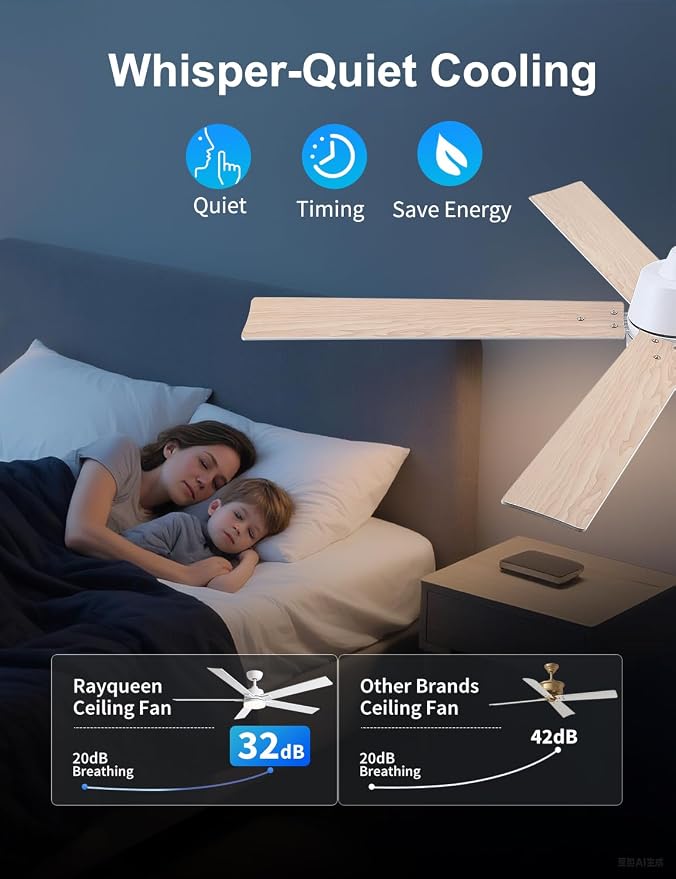 Rayqueen 60 Inch White Ceiling Fans with Lights and Remote,Includes Downrod | 6 Speed Reversible DC motor,3-color temperature dimmable LED.For indoor/covered outdoor.Modern style for bedroom room