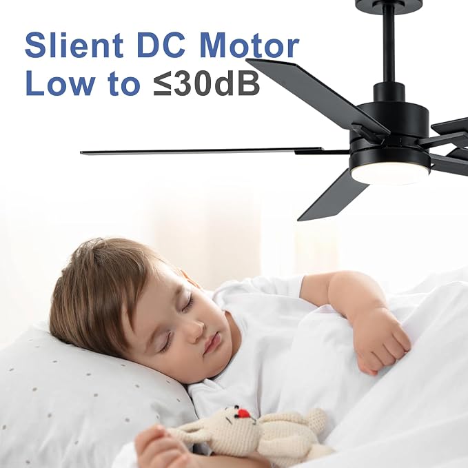 LANMEL 52'' Black Ceiling Fans with Lights and Remote, 6 Speed Low Profile Modern Ceiling Fan with Quiet DC Motor for Indoor Outdoor Bedroom Living Room