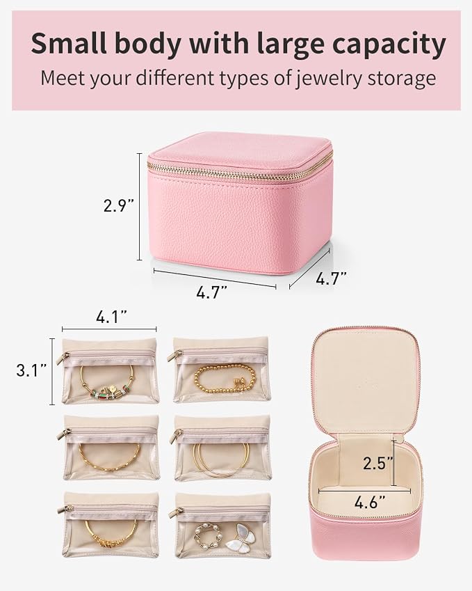 VLANDO Travel Jewelry Box for Women,Faux Leather Jewelry Case with 6 Velvet Jewelry Zipper Pockets,Gift Ideas for Women Wife Earrings Necklace Rings Storage Boxes(Strawberry Pink)