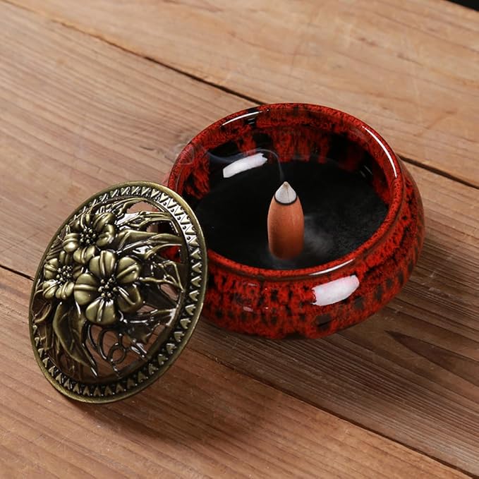 Incense Burner with Calabash Incense Stick Holder - Porcelain Charcoal Censer for Use with Resin Granular Powder Cone or Coil Incense (Fambe Red)