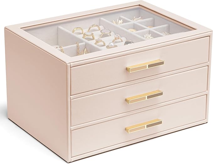 VLANDO Jewelry Box for Women, Glass Lid Jewelry Organizer with 3 Drawers for Necklaces Rings Earrings Bracelets - Nude Pink