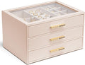 VLANDO Jewelry Box for Women, Glass Lid Jewelry Organizer with 3 Drawers for Necklaces Rings Earrings Bracelets - Nude Pink